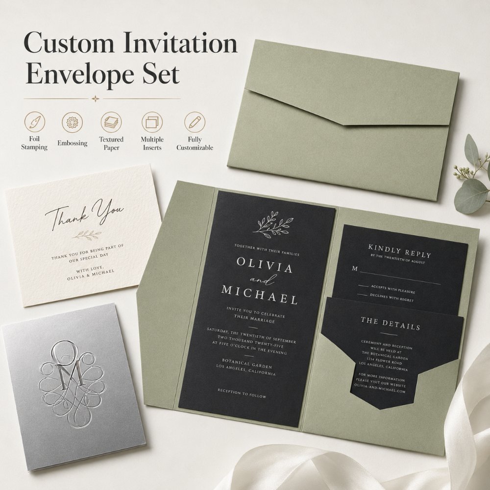 Custom Foil Embossed Textured Paper Wedding Invitation Card Envelope Sets For Wedding Party Event Stationery