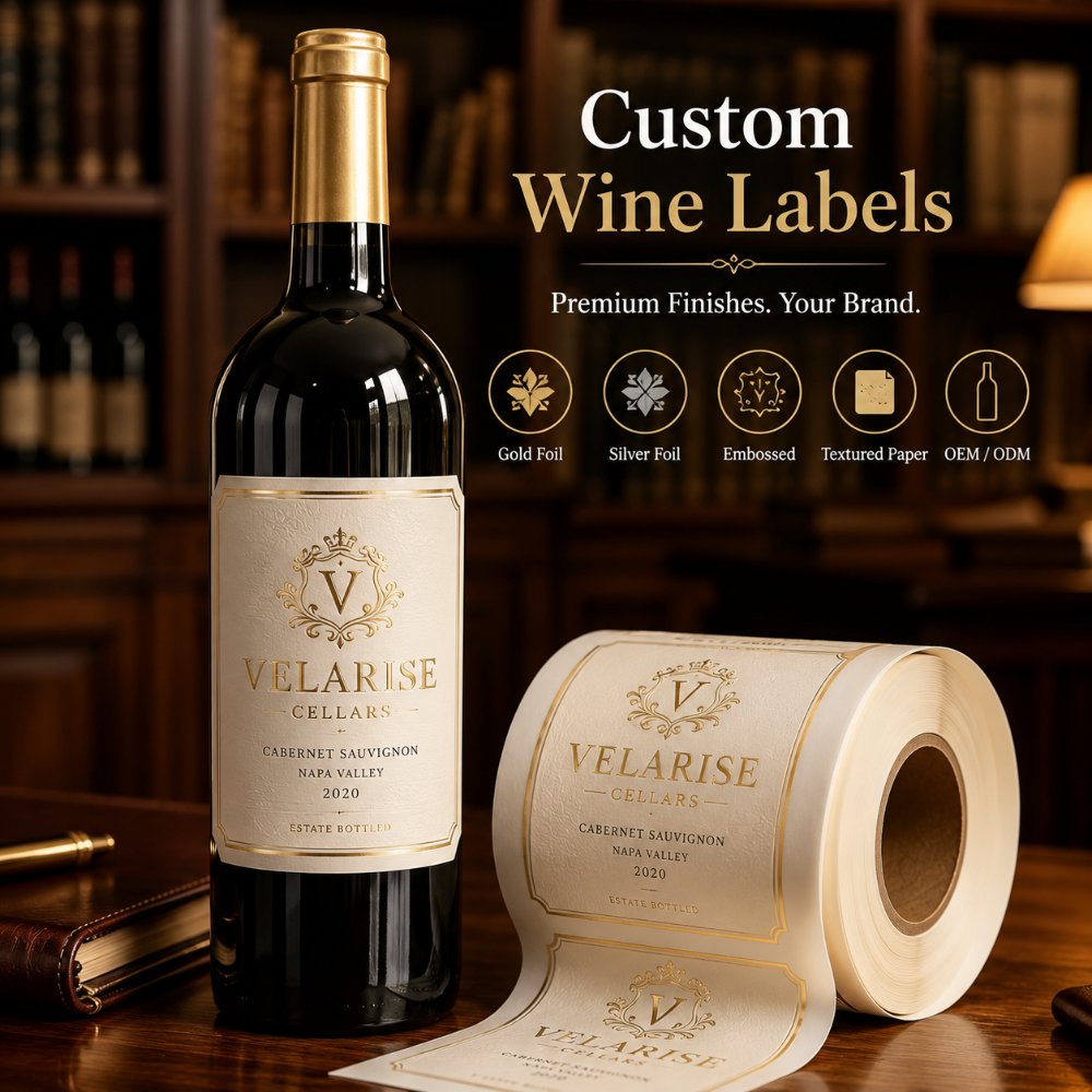 Luxury Custom Textured Paper Gold Foil Embossed Self-Adhesive Wine Bottle Labels