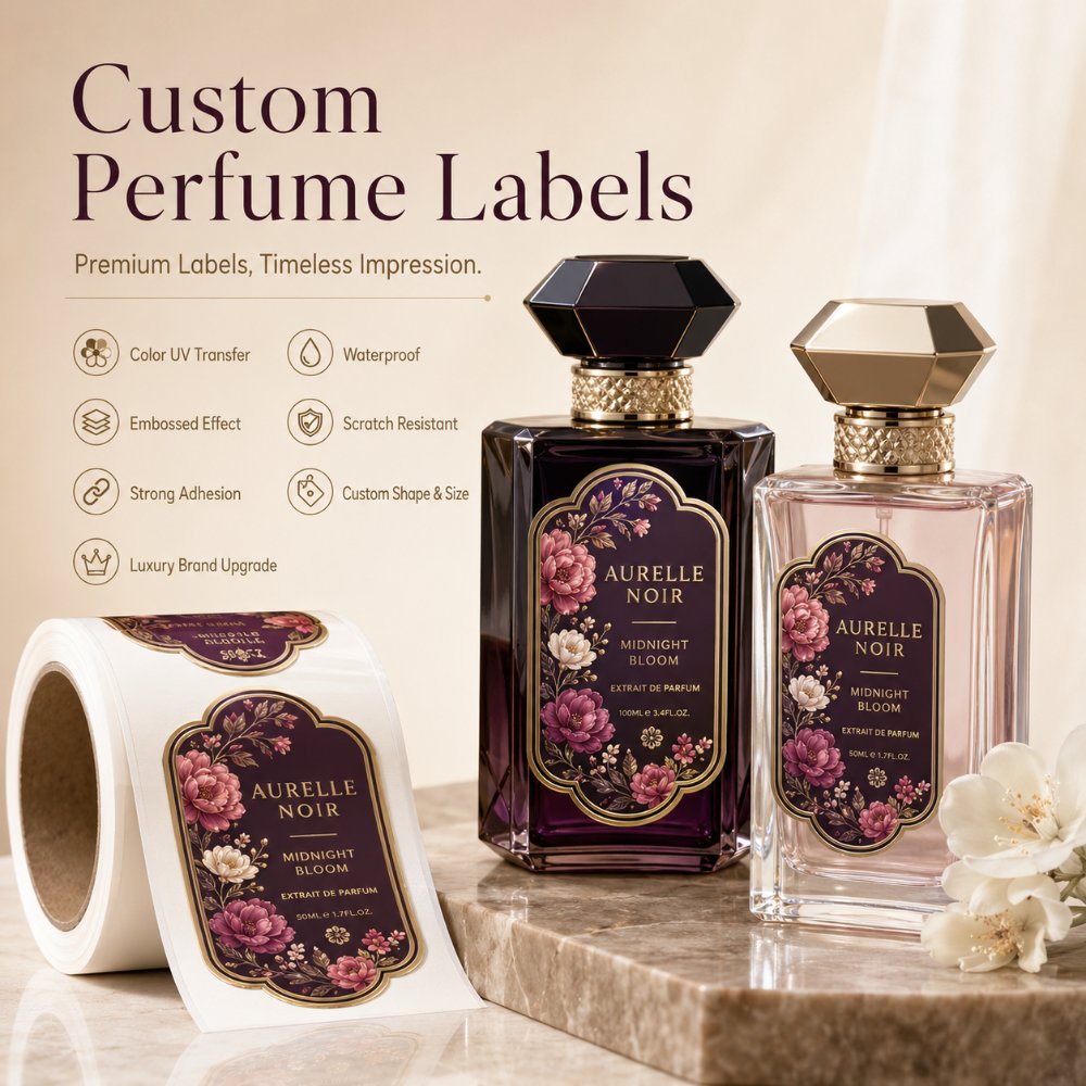 Custom Perfume Bottle Labels Waterproof Gold Foil Embossed Die Cut Textured Cosmetic Fragrance Packaging Sticker Rolls OEM Label