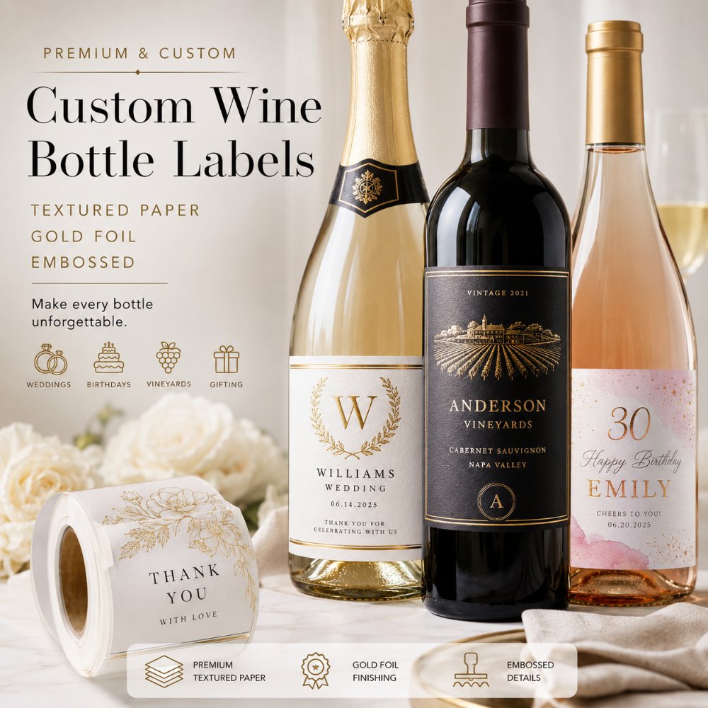 Luxury Textured Gold Foil Embossed Self Adhesive Labels For Wedding Birthday Vineyard Gift Wine Champagne Liquor Bottle Packaging