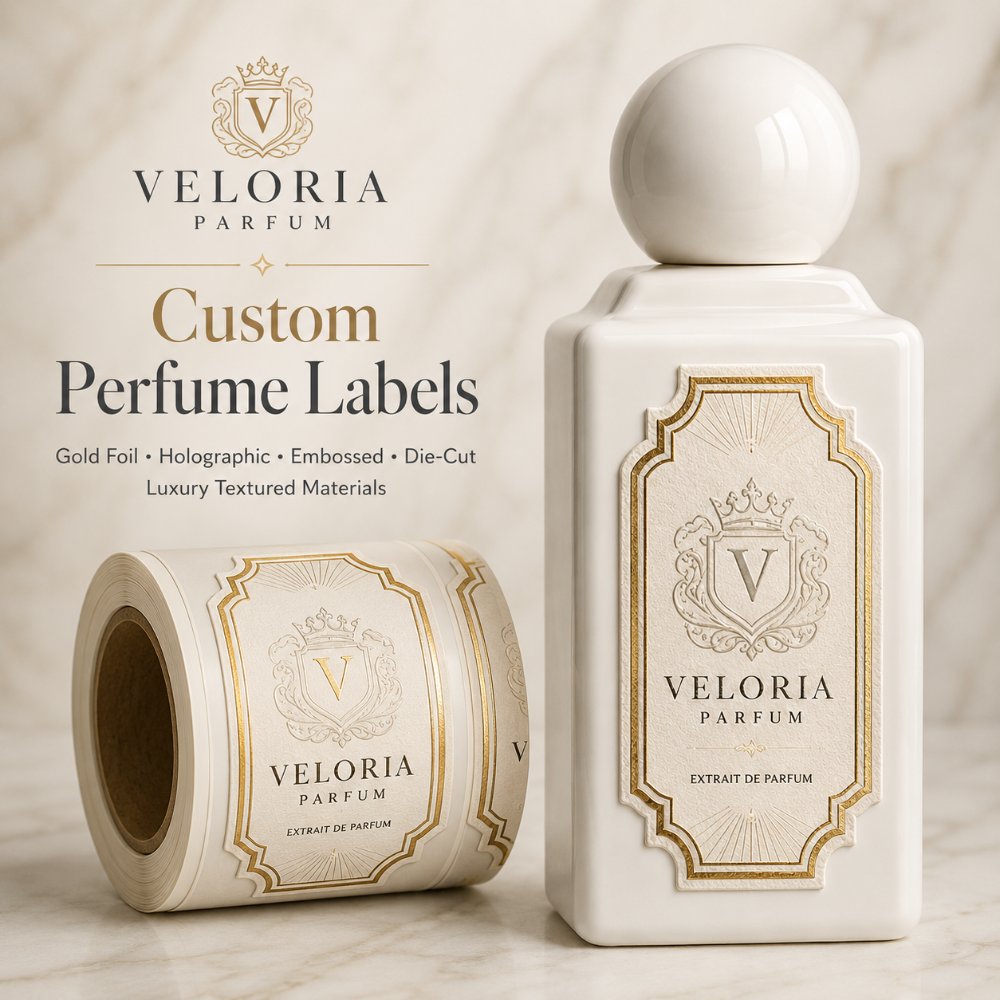 Custom Textured Paper Gold Foil Embossed Perfume Bottle Adhesive Labels