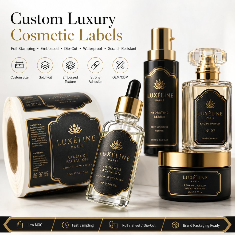 Custom Black Base Gold Foil Embossed Self-Adhesive Luxury Cosmetic Labels