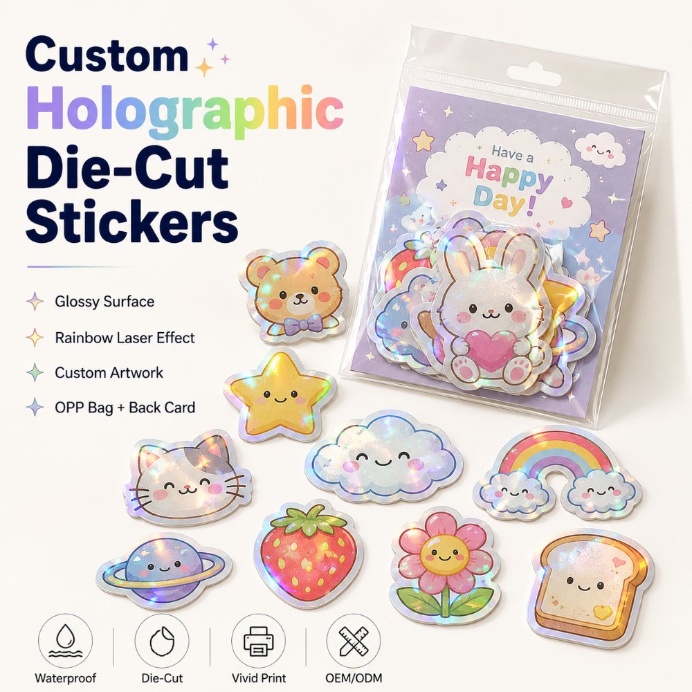 Custom Holographic Laser Die Cut Self Adhesive Stickers For Gift Box Stationery Craft Scrapbook Decorative Packaging