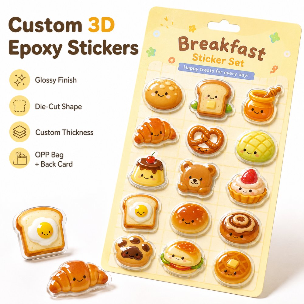 Custom 3D Epoxy Puffy Die Cut Self Adhesive Stickers For Scrapbook Stationery Craft Gift Decor Kids Reward Packaging