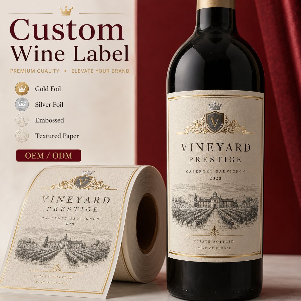 Luxury Textured Gold Foil Embossed Self Adhesive Labels For Wine Spirit Liquor Bottle Packaging