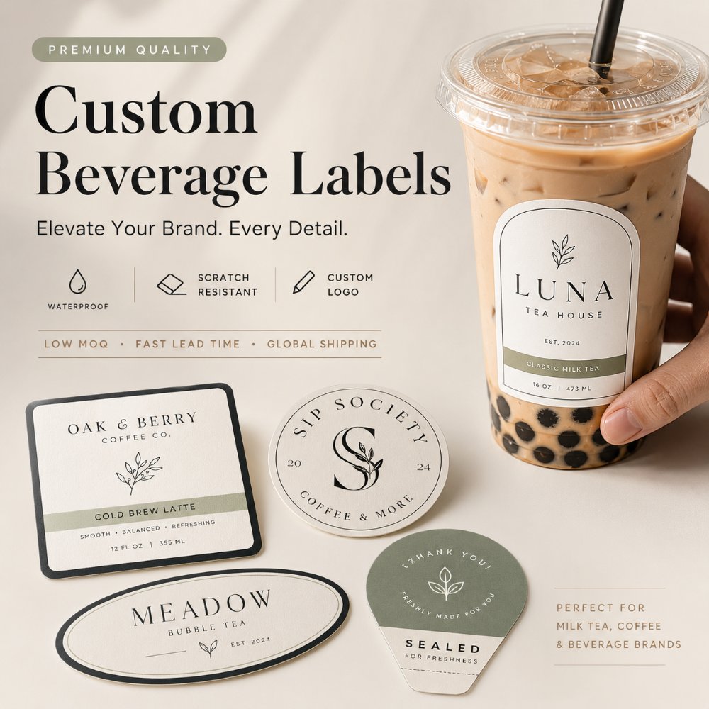 Custom Waterproof Self Adhesive Beverage Labels For Bubble Tea Coffee Latte Milk Tea Plastic Drink Cup Food Packaging