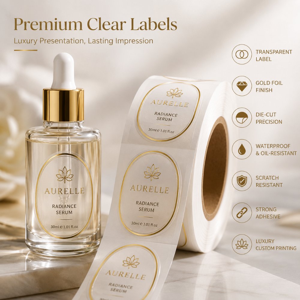 Custom Clear Transparent Gold Foil Self-Adhesive Cosmetic Labels