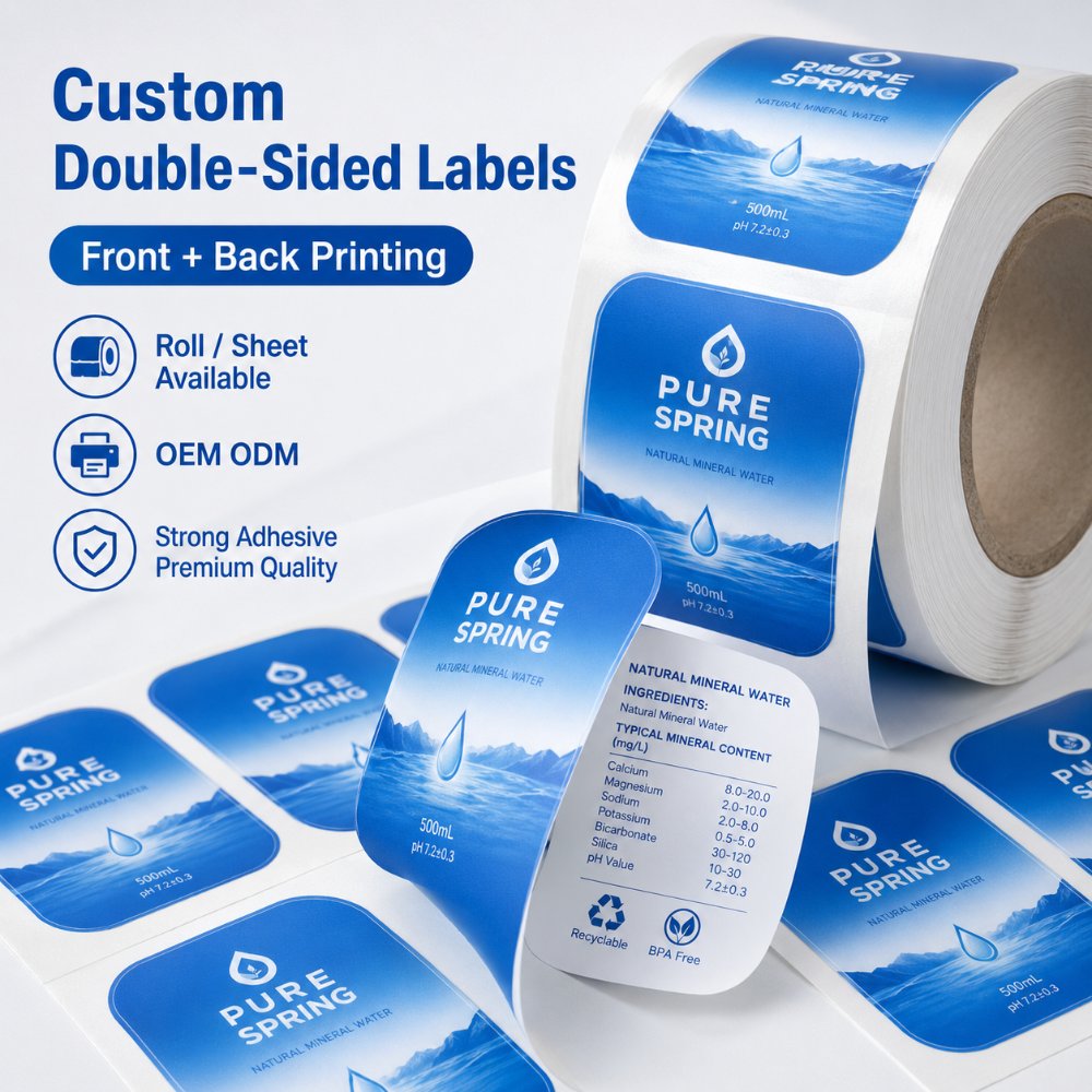 Custom Double Sided Printing Self Adhesive Labels For Mineral Water Drinking Beverage Plastic Bottle Packaging