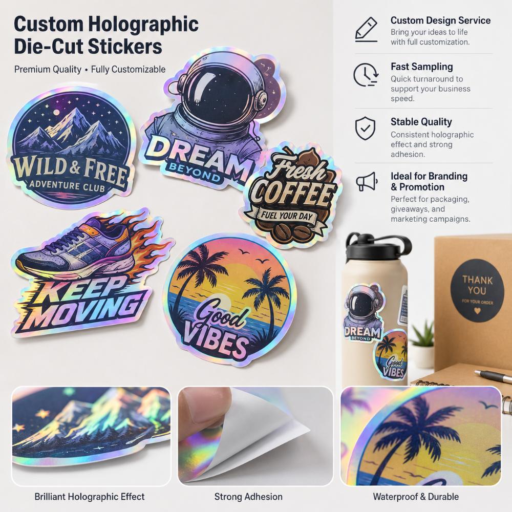 Custom Holographic Laser Irregular Die Cut Self Adhesive Stickers For Brand Promotion Craft Gift Packaging Water Bottle Decor Merchandise Labeling