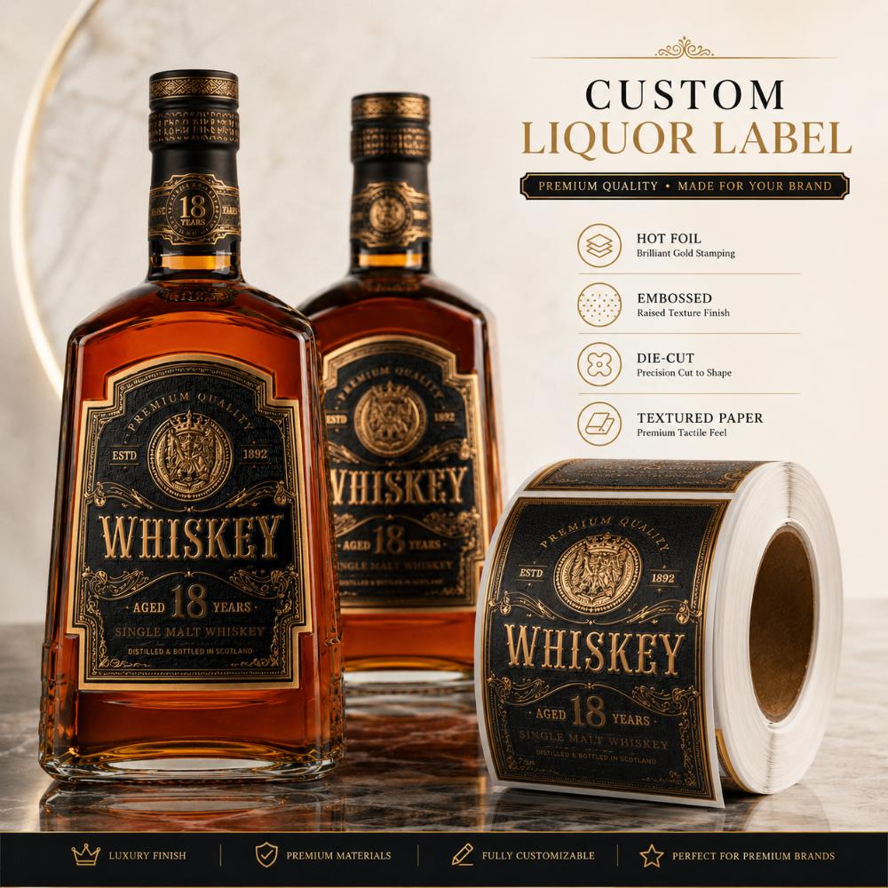 Luxury Black Textured Gold Foil Embossed Self Adhesive Labels For Whiskey Wine Brandy Spirit Liquor Bottle Packaging