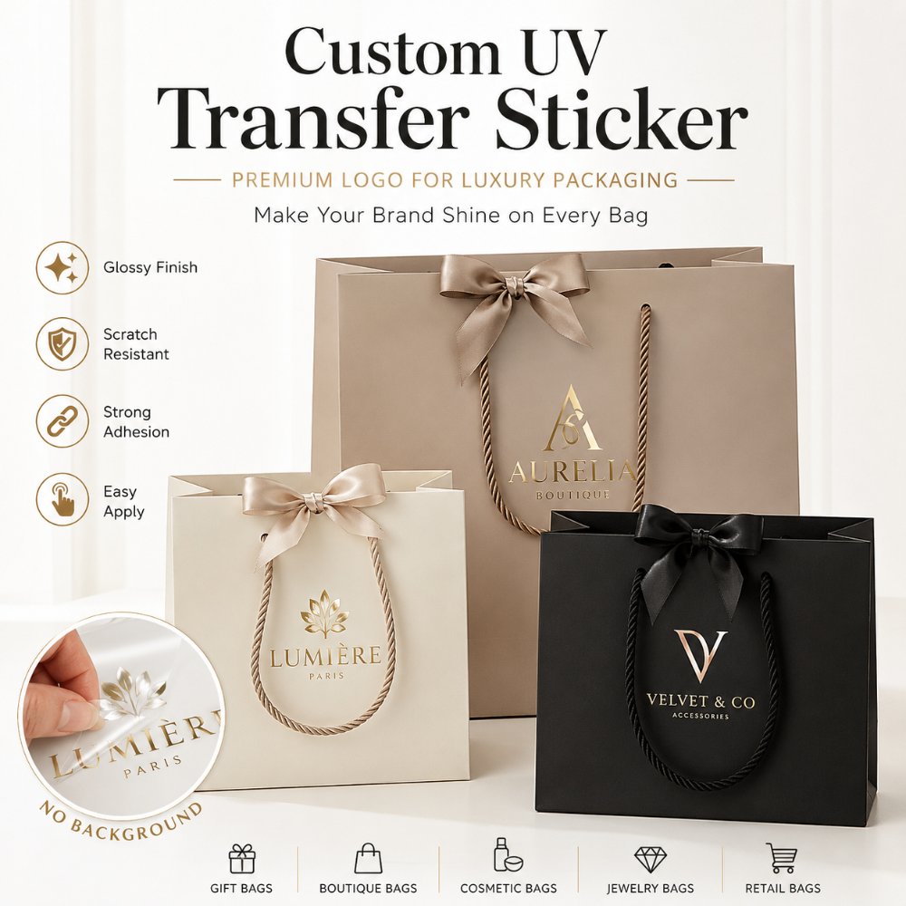 Custom Gold Foil UV Transfer Stickers For Gift Boutique Cosmetic Jewelry Retail Paper Bag Luxury Packaging Logo Labeling