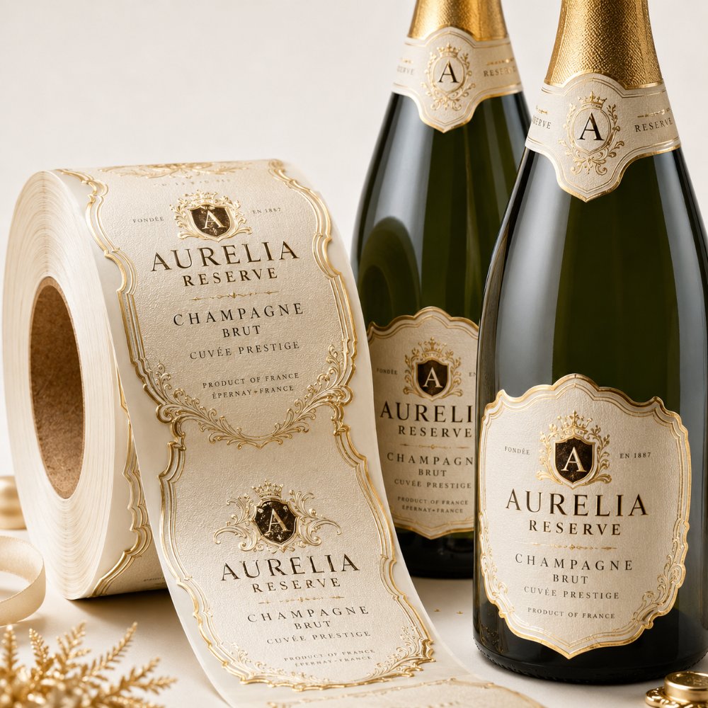 Luxury Textured Gold Foil Embossed Self Adhesive Labels For Champagne Sparkling Wine Red Wine White Wine Liquor Celebration Gift Bottle Packaging