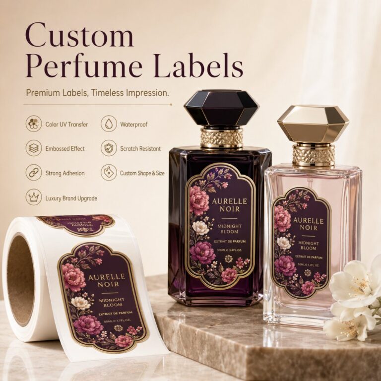 Perfume Labels Custom Perfume Bottle Labels Waterproof Gold Foil Embossed Die Cut Textured Cosmetic Fragrance Packaging Sticker Rolls OEM Label