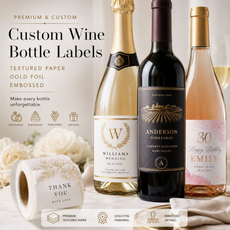 Wine Bottle Labels Luxury Textured Gold Foil Embossed Self Adhesive Labels For Wedding Birthday Vineyard Gift Wine Champagne Liquor Bottle Packaging
