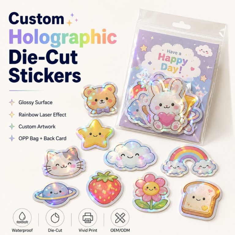 Crafts Sticker Custom Holographic Laser Die Cut Self Adhesive Stickers For Gift Box Stationery Craft Scrapbook Decorative Packaging