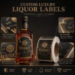 Wine Bottle Labels Luxury Black Textured Gold Foil Embossed Self Adhesive Labels For Whiskey Wine Brandy Spirit Liquor Bottle Packaging