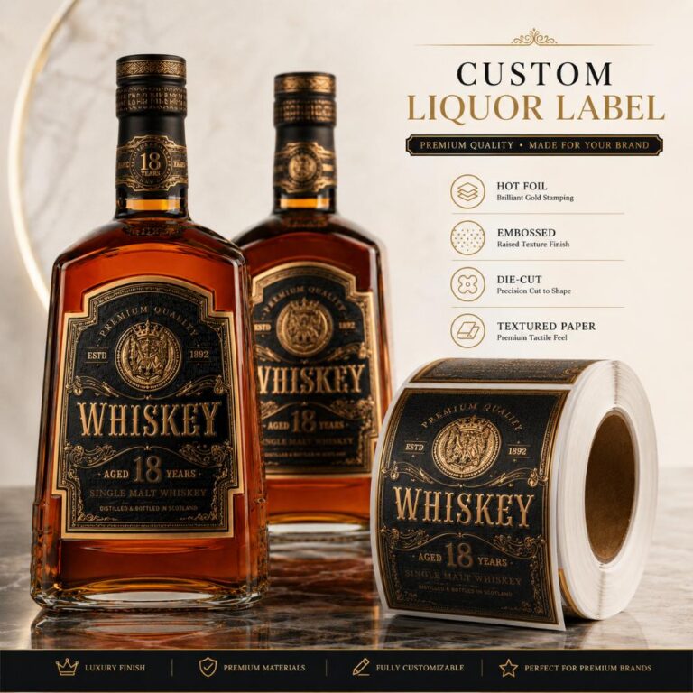 Wine Bottle Labels Luxury Black Textured Gold Foil Embossed Self Adhesive Labels For Whiskey Wine Brandy Spirit Liquor Bottle Packaging