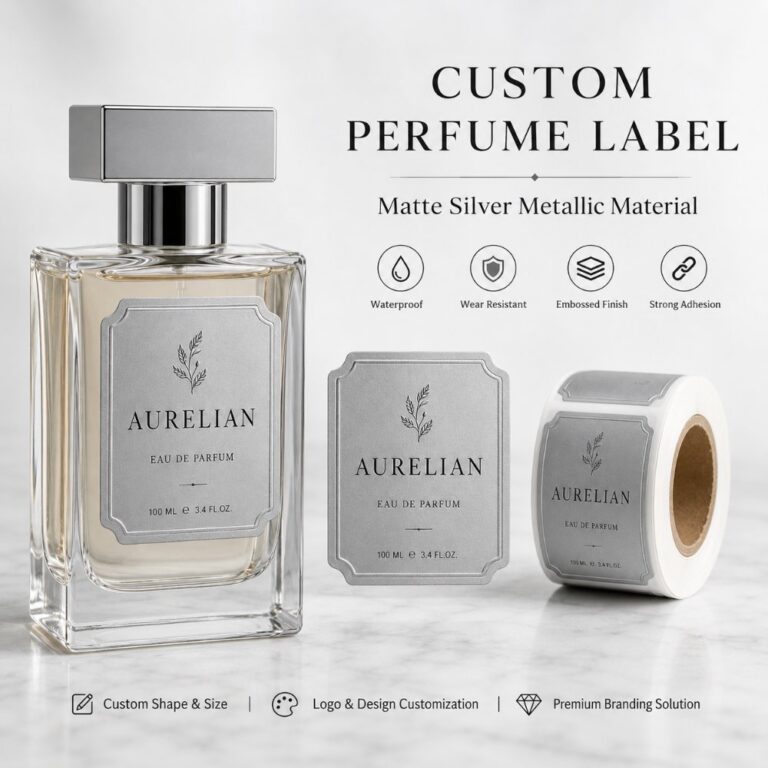 Perfume Labels Custom Matte Silver Metallic Embossed Adhesive Labels for Perfume Bottles