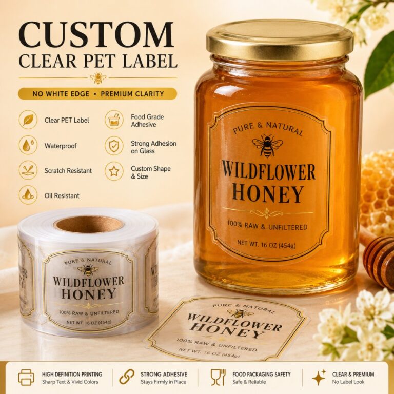 Food Label/Sticker Custom Clear PET Self Adhesive Labels For Honey Jar Jam Glass Food Container Edible Product Packaging